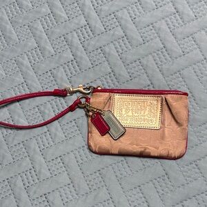 Coach Tan and Red Wristlet with Gold Details